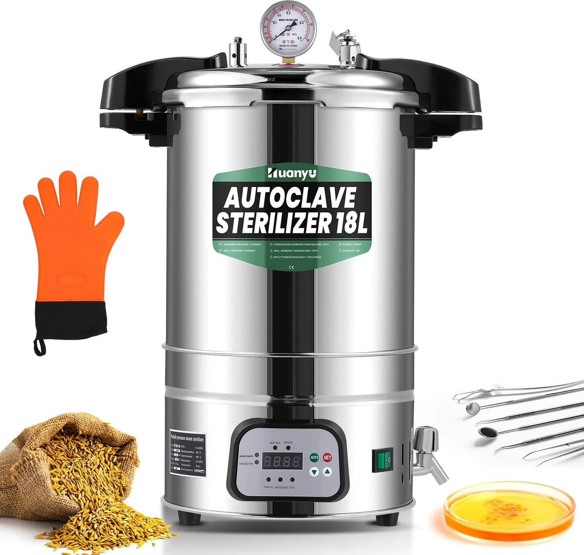 Stoomsterilisator, Huanyu 18L Autoclaaf Sterilisator Automatische Stoom, Temperatuur & Tijd Instelbare Hogedruk-Stoomsterilisator