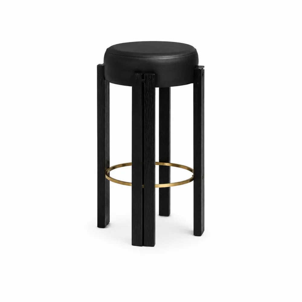 Barhocker Schwarz Eichenholz mit Kunstleder und Goldmetall