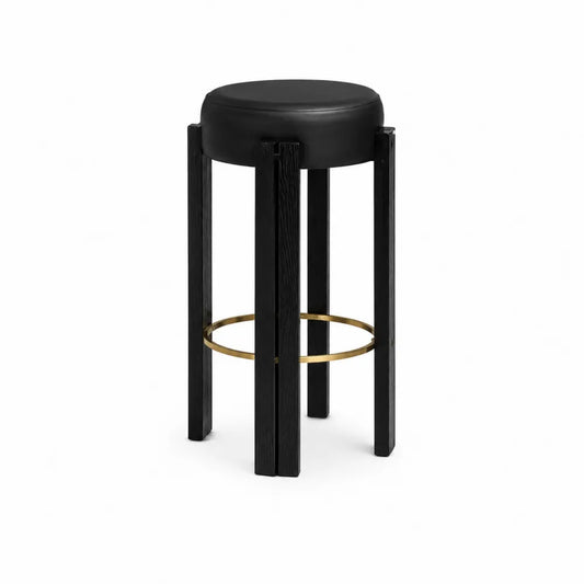 Barhocker Schwarz Eichenholz mit Kunstleder und Goldmetall