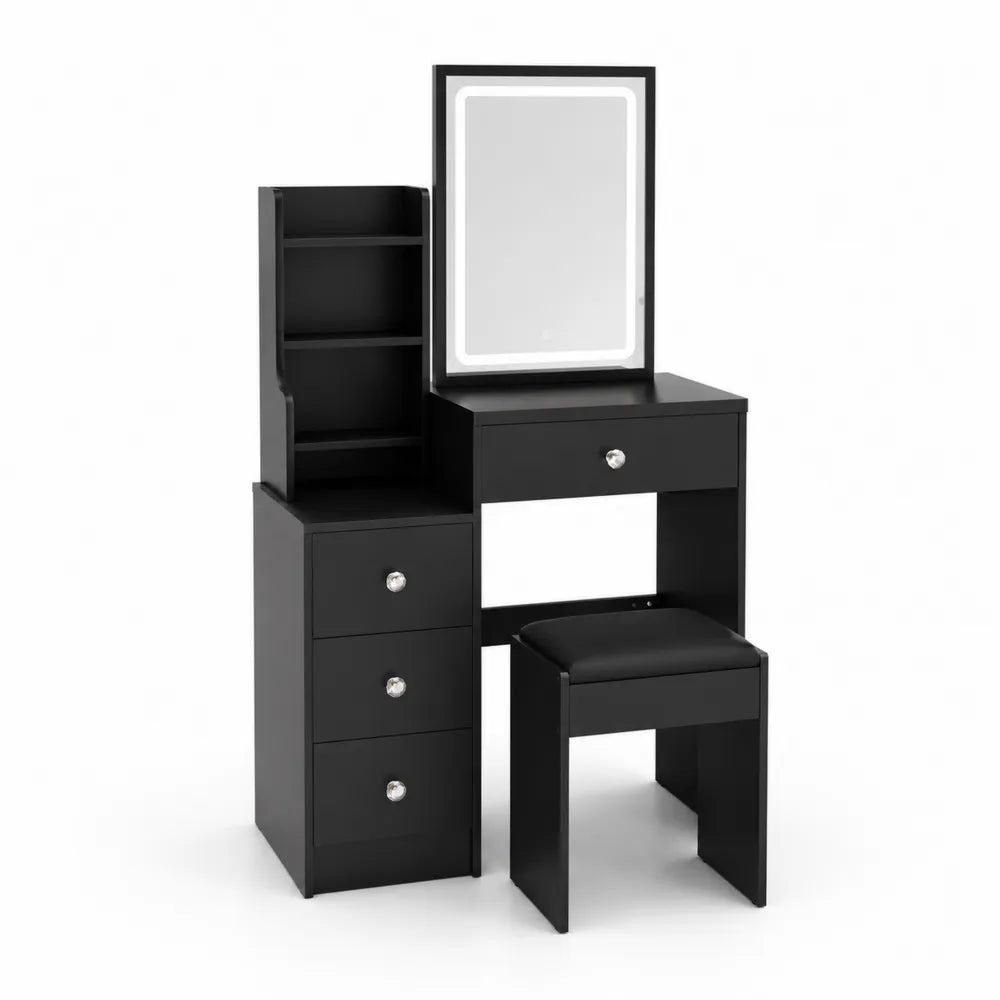 Schwarz Holz Schminktisch-Set mit Spiegel und Hocker