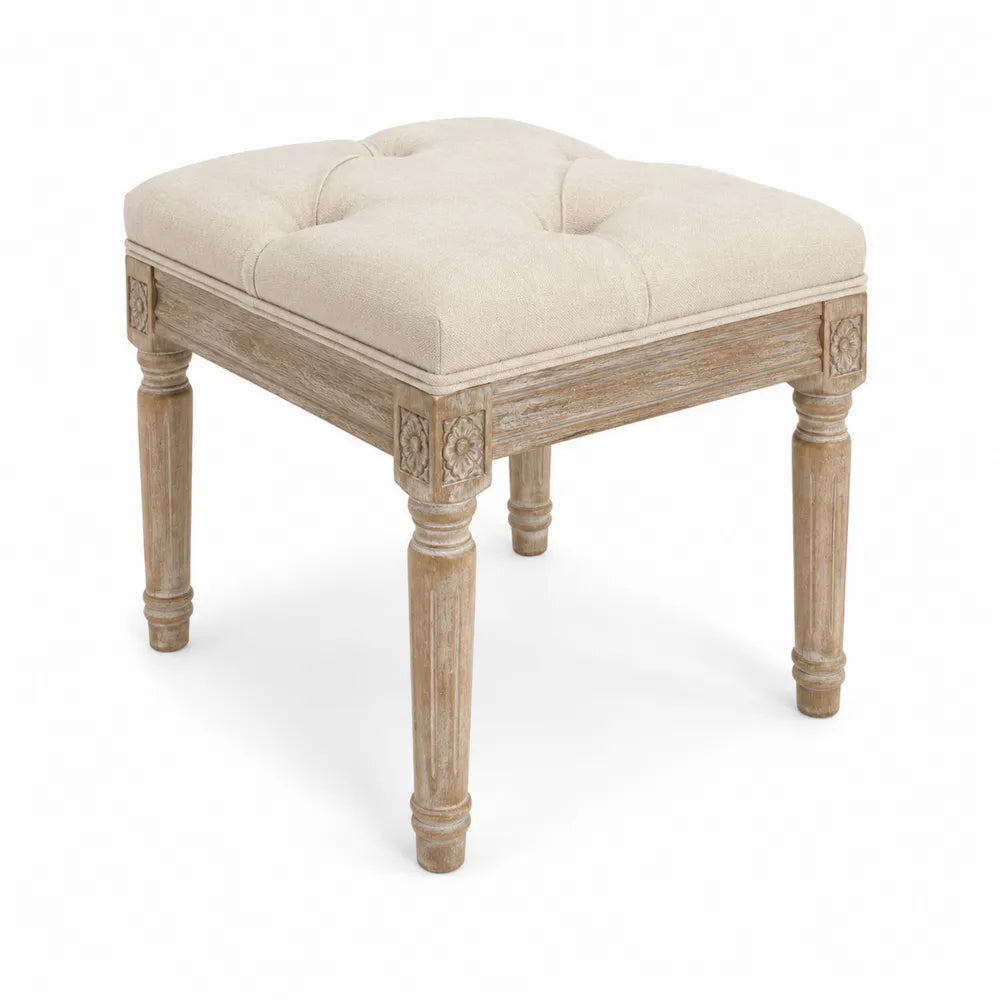 Quadratischer Hocker Leinenstoff Massivholz Beige