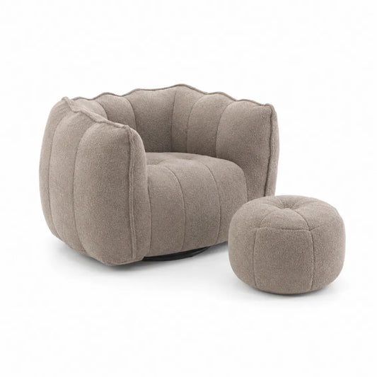 Sessel- und Hocker-Set Rundform Beige Bouclé Stoff