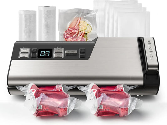 Vacuümsealer, 95kPa 140 W Eenhand Operatie Voedsel Sealer, 5 STKS Voorgesneden zakken, PULSE & Marineren, 2 Bag Rolls, Dubbele Seal Strip