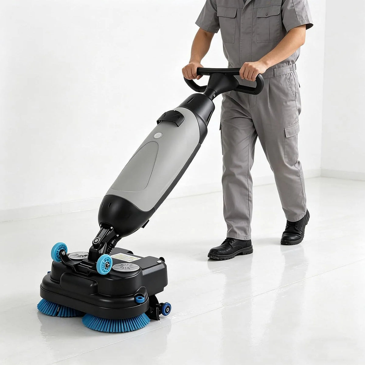 Accu-aangedreven, Accu-aangedreven, loopbare mini-automatische vloerschrobber, Compact en draagbaar, kantoren, winkels en meer. grijs, 43 cm