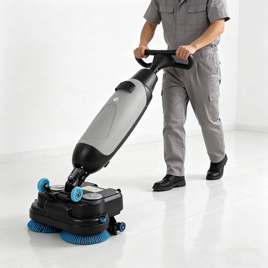 Accu-aangedreven, Accu-aangedreven, loopbare mini-automatische vloerschrobber, Compact en draagbaar, kantoren, winkels en meer. grijs, 43 cm