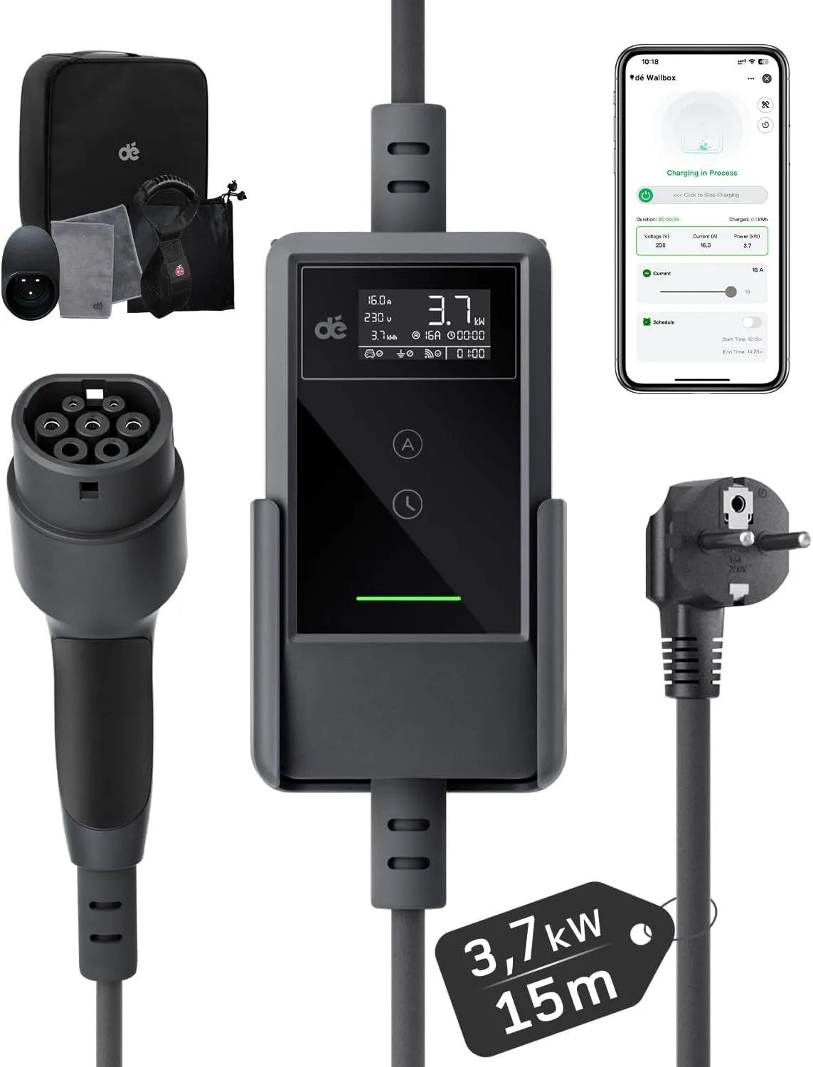 EV-oplader met 3,7kW, digitaal display en timer, dé EV Charger Type 2 Schuko met APP 3,7kW 15m 6-16A EV Laadkabel Type 2