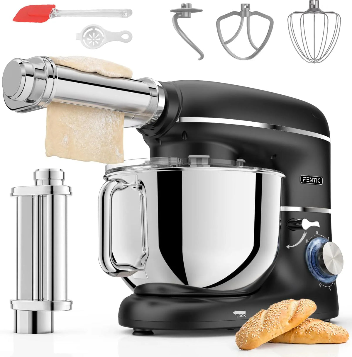 Keukenmachine, 2000 W, 6,2L Mengkom Zwart, Keukenrobot, Pasta Sheet Roller