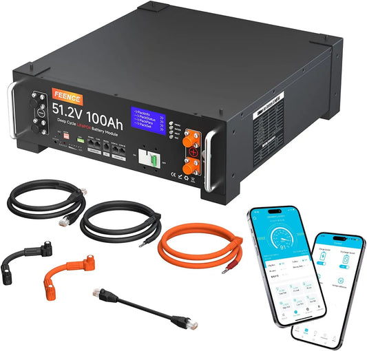Spanningsomvormer, LiFePO4, 48V, 100Ah, geïntegreerd 100 A BMS, max. 5120 W uitgangsvermogen, meer dan 6000 cycli, ondersteunt communicatie