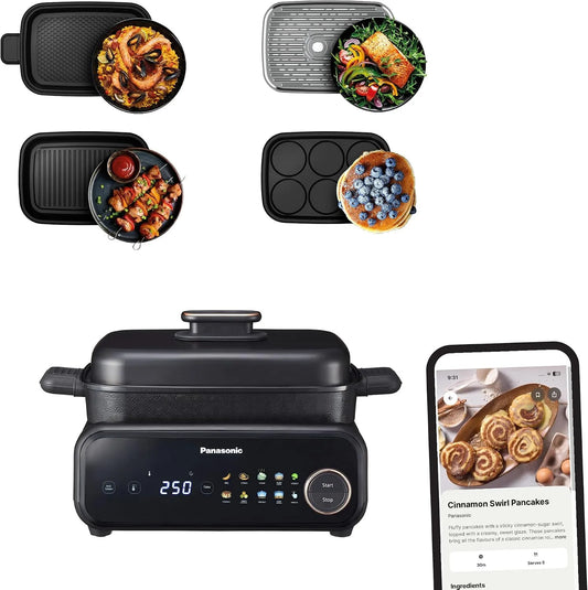 Panasonic, Slowcooker, NF-GM400KXE, 1400 W, 4-in-1, 4 Bakplaten, Rookafzuiger, Zwart, 40-250°C, 9 Automatische Standen, 2,5m Snoer