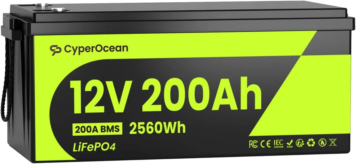 12V 200Ah LiFePO4 Lithiumbatterij LiFePO4 met 12V, 2560Wh en zonne-energie