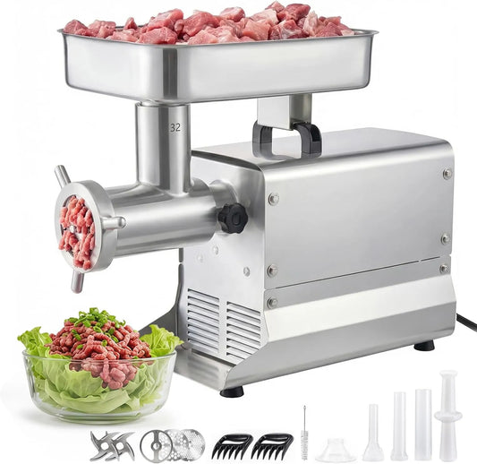 Molen, 1100 W, capaciteit 9,5 kg/min met 3 schijven, voor de keuken, commerciële keuken, van RVS, 3 buizen voor worst, salami vlees