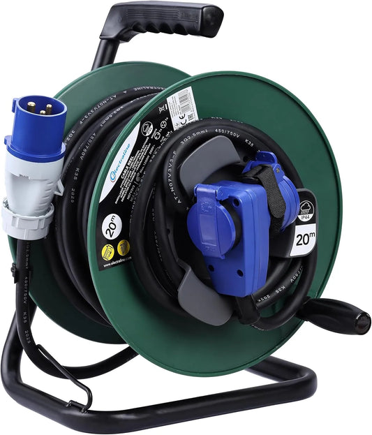 Verlengkabel, IP44, 2 stopcontacten industrieel + Schuko, Kabel AT-N07V3V3-F Sectie 3G2.5, camping, caravan