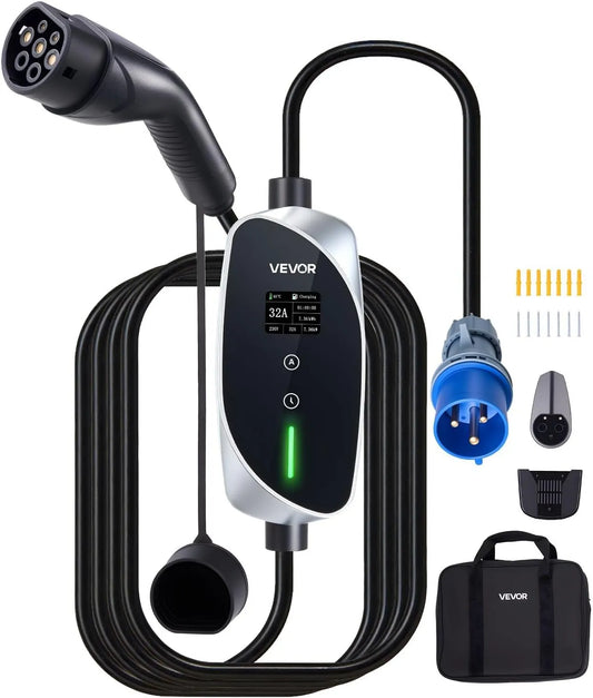 Lader, 7,4 kW, type 2, laadstation, draagbare zuil voor elektrische voertuigen, eenfasig, geaarde stekker, 32 A, 6 m, CEE, met laadkabel, VEVOR