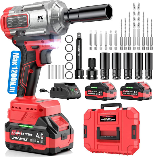 Slagschroevendraaier, 3-in-1, 1200Nm Hoog Koppel 1/2' met Brushless Motor, 2× 4.0Ah Accu's, Doppen, Borensets & Bitjes