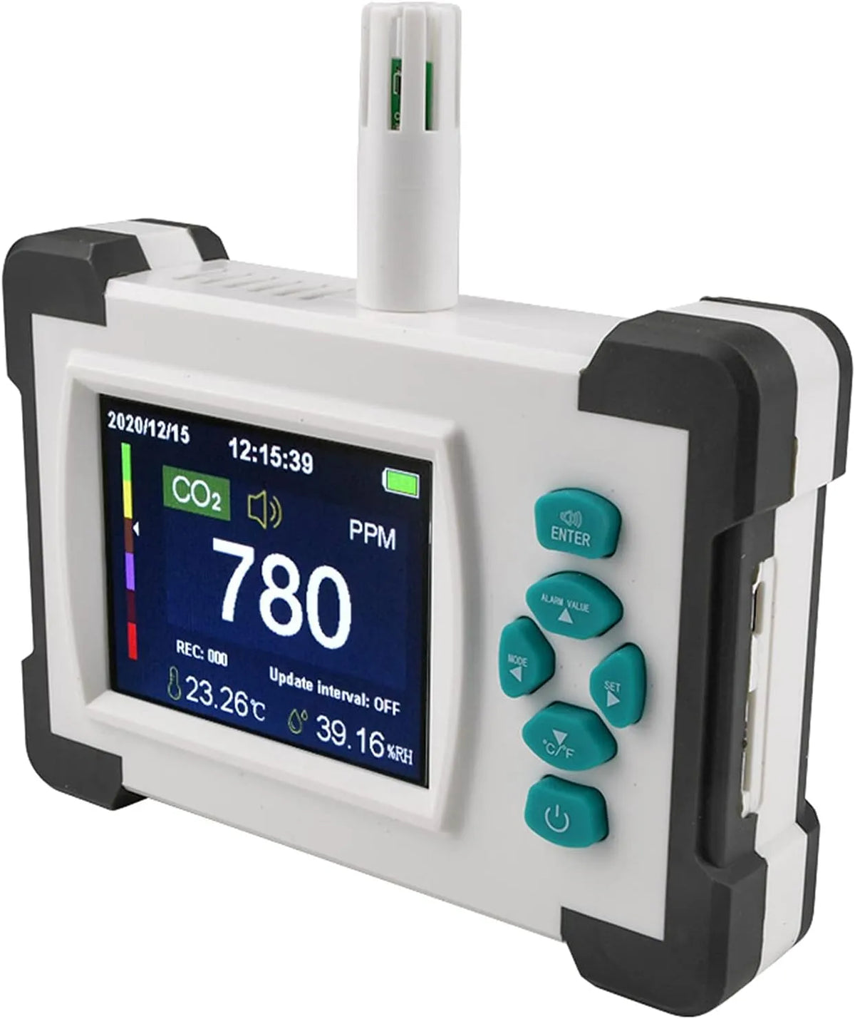 Luchtkwaliteitsmeter CO2 met 20-60 °C, 0,01 °C, 3.7V, 2200mAh, 5V en USB