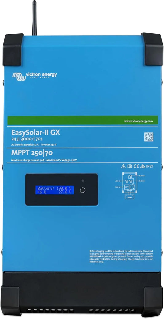 230V, Spanningsomvormer, Victron Energy EasySolar-II GX 3000VA 24-Volt, 230V Omvormer 70 amp Acculader en, Laadregelaar MPPT 250V 70 amp