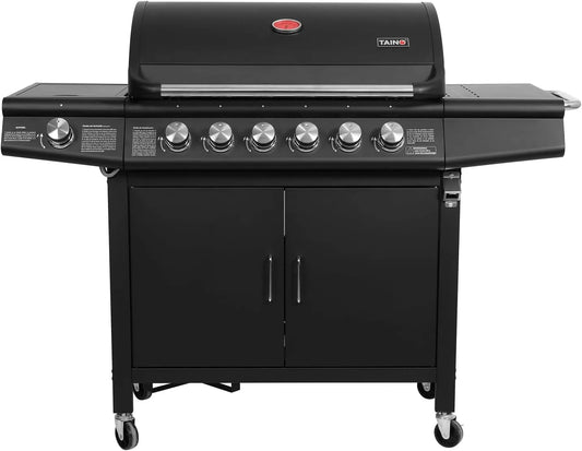 Barbecue, Taino rood 6+1 Gasbarbecue, BBQ, zwart, barbecuewagen, roestvrijstalen brander, optionele accessoires