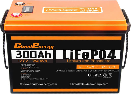 Cloudenergy 12V 300Ah LiFePO4 Lithiumbatterij LiFePO4 met 12V, 200A en 3840Wh