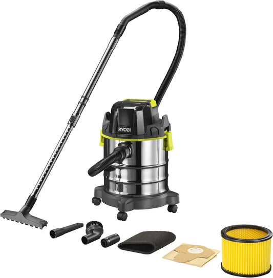 Nat- en droogzuiger R18WDV-0 met 18L, 18 V, 1400 l en RVS, RVS tank